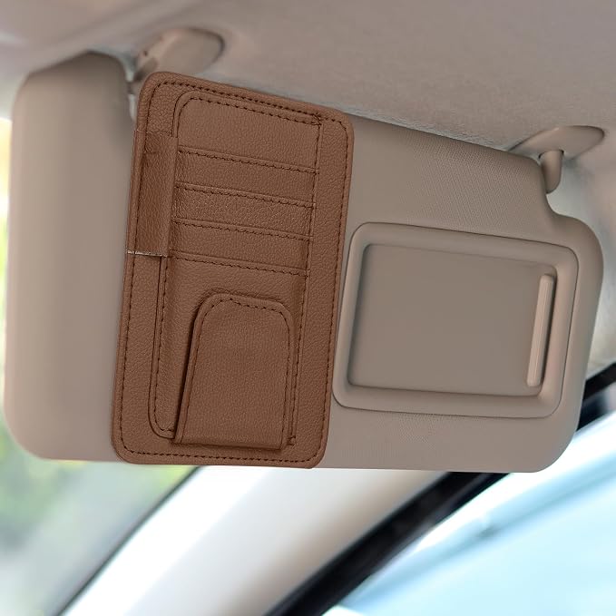 Car Sun Visor Organizer 6.02" x 4.76" Leather Multi-Pocket Visor Card Sleeve Pocket Car Truck SUV Interior Storage Pouch for Driving License Credit Cards Bills Sunglasses, Brown