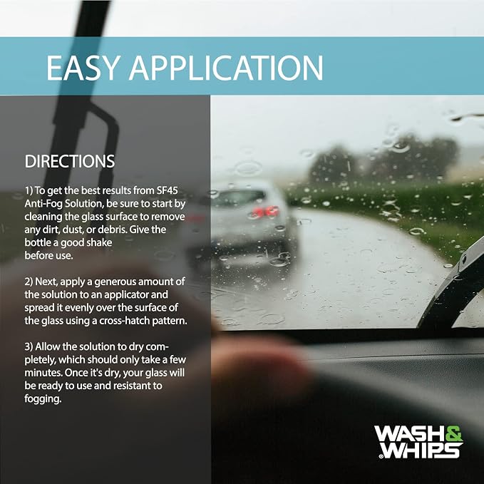 WASH&WHIPS SF45 Anti-Fog for Glass with Applicator Pad, Helps with Visibility on Windshields, Glass, Mirrors, Goggles, and Screens - 50ml