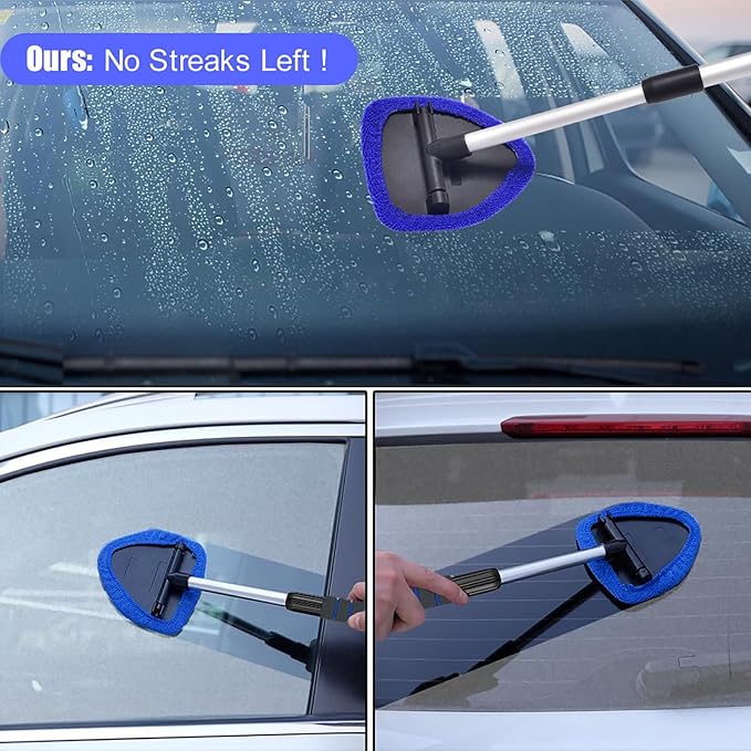 Windshield Cleaning Tool, Car Window Cleaner Windshield Cleaner with 4 Reusable and Washable Microfiber Pads and Extendable Handle Auto Inside Glass Wiper Kit (Dark Blue)