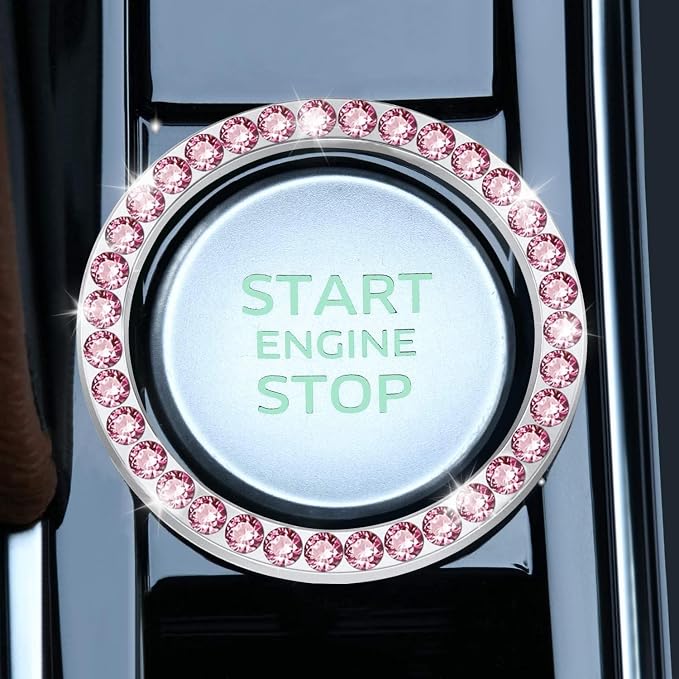 2 PCS Crystal Rhinestone Car Engine Start Stop Decoration, Ring Bling Car Interior Accessories for Women, Push to Start Button Cover Sticker, Automotive Decals, Pink