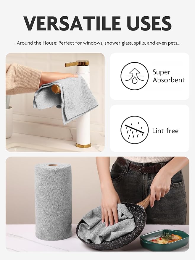 Microfiber Cleaning Cloth Roll -60 Pack, Tear Away Microfiber Towels, 12" x 12", Reusable, Washable, Lint Free, Ultra Absorbent Dishcloth for All-Around Cleaning (Pink & Grey)