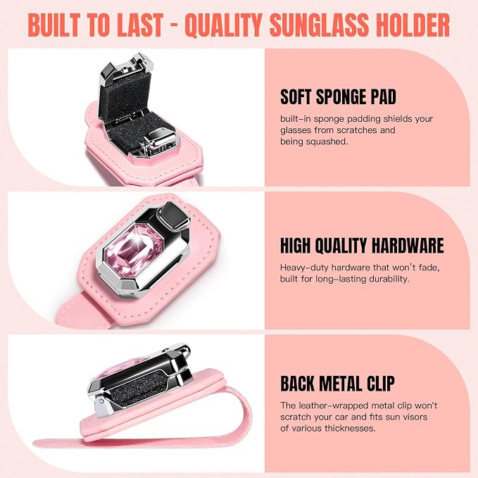 Sunglass Holder for Car Visor, Faux Leather Eyeglass Holder Clip for Car Sun Visor Organizer, Universal One Handed Operation Sun Glass Hanger, Car Interior Accessories for Women Man