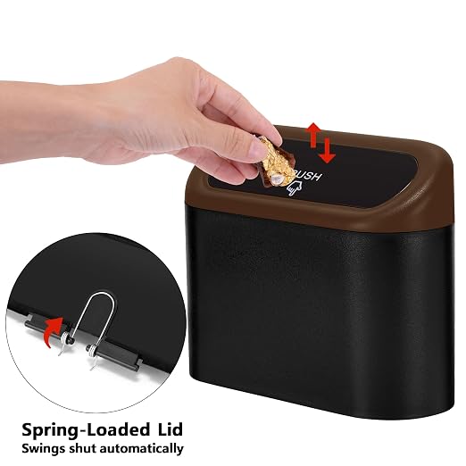 Mini Car Trash Can with Lid, Small Car Garbage Can, Cute Leakproof ABS Car Trash Bin, Car Accessories for Interior, Garbage Bin for Car, Home, Office with 60pcs Trash Bags Black/Brown