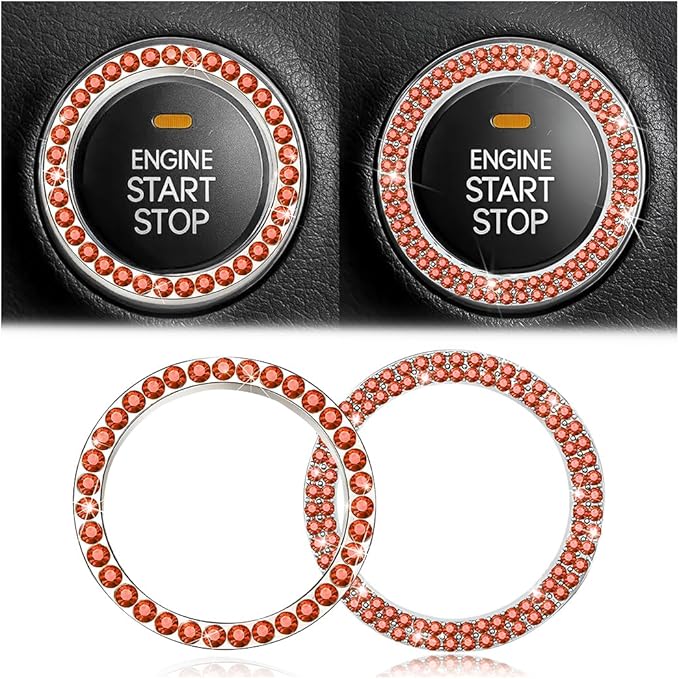 Bling Car Engine Start Ring Decals, 2PCS Crystal Rhinestone Vehicle Push Start Button Cover Sticker, Key Ignition Knob Ring, Sparkling Automotive Interior Accessories (Set Orange Red)