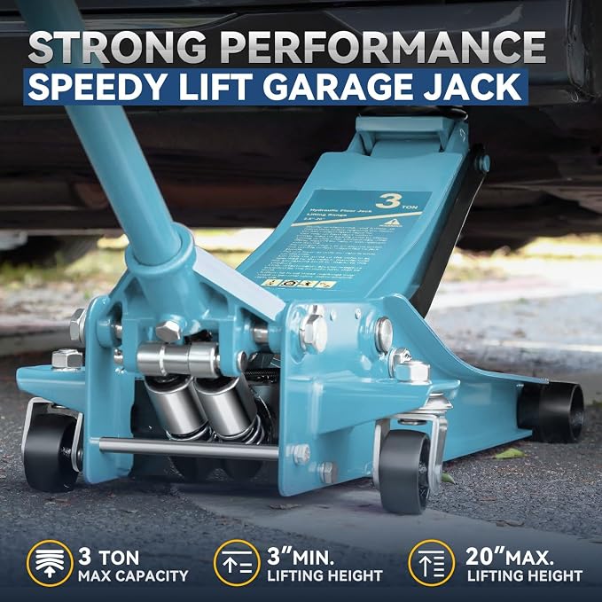 3 Ton Low Profile Floor Jack, Heavy Duty Steel Hydraulic Car Jack with Dual Pistons Quick Lift Pump, Hydraulic Racing Floor Jack, Lifting Range 3" to 20", Sky Blue