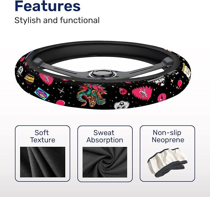 Neon Space Cat Adventure Steering Wheel Cover, Non-Slip Polyester Wheel Grip, Universal 15 Inch Car Accessory