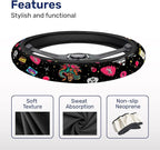 Neon Space Cat Adventure Steering Wheel Cover, Non-Slip Polyester Wheel Grip, Universal 15 Inch Car Accessory