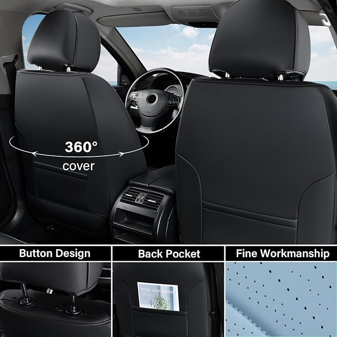 Coverado Car Seat Covers Front, Nappa Leather Seat Covers for Cars, Waterproof Seat Covers with Lumbar Support, Automotive Seat Covers Universal Fit for Most Cars SUV Trucks (Front, Black-Blue)