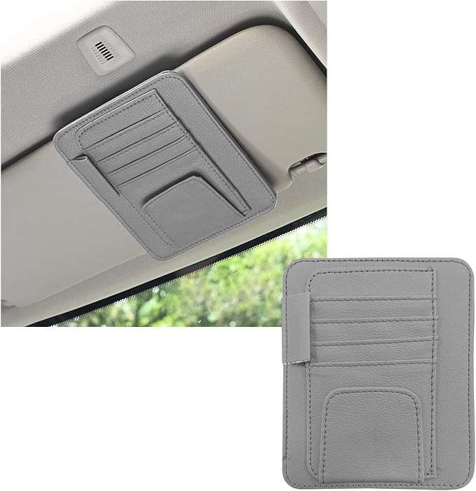 Small Leather Car Sun Visor Organizer, Multifunctional Auto Visor Document Holder with Sunglasses Clip, Universal Car Interior Organizer for Drving License, Card, Pen (Gray)