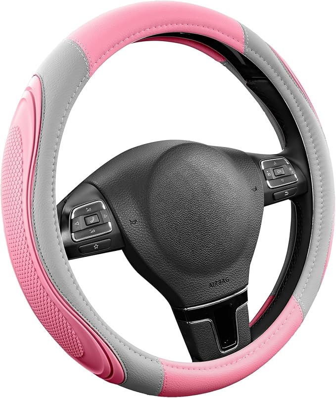 Car Steering Wheel Cover - Microfiber Leather Steering Wheel Wrap Sports 14.5-15 Inch Steering Wheel Cover Non-Slip for Men Women Pink & Gray Color