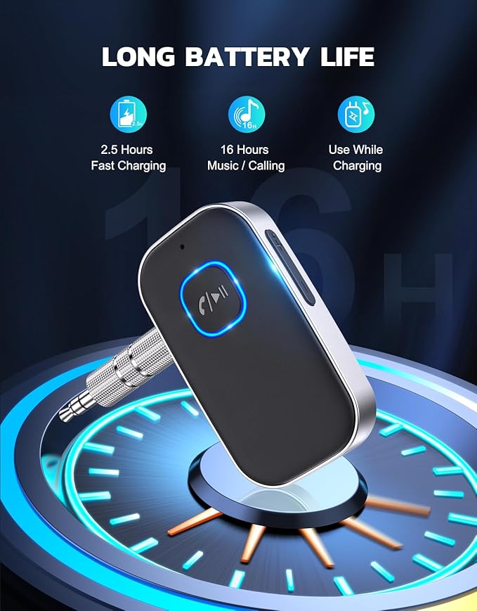 Bluetooth Receiver for Car, Noise Cancelling 3.5mm AUX Bluetooth Car Adapter, Wireless Audio Receiver for Home Stereo/Wired Headphones, Hands-Free Call, 16H Battery Life - Black+Silver