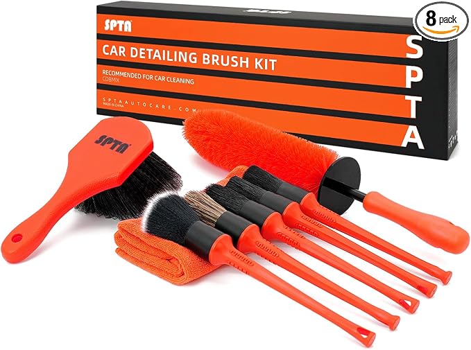 8Pcs Wheel & Tire Brush Car Detailing kit, Easy Reach Wheel and Rim Brush, 5pcs Detailing Brushes, Short Handle Cleaning Brush, 1pc Microfiber Cleaning Cloth, Great to Clean Dirty Tires