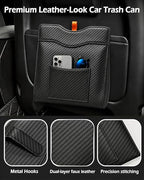 Leather Car Trash Can, Leak-Proof Odor-Lock Car Garbage Can with 60 Liners, Magnetic Closure & Liner-Hold, Storage Pocket, Metal Hooks, Hanging Car Trash Bin for SUV Sedan Truck, Carbon Fiber
