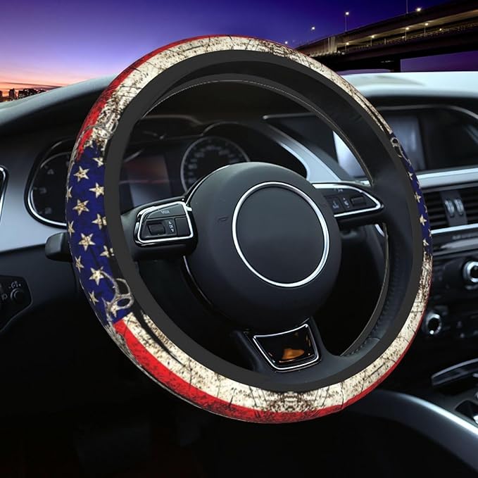 American Flag Deer Camo Retro Steering Wheel Cover Car Accessories Cute for Women Girls Girly Universal 15 Inch Neoprene Auto Interior Decor Anti Slip Car Truck Protector