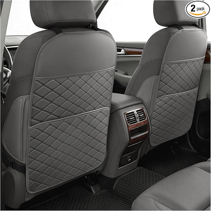 Seat Back Protectors for Kids, Car Kick Mats for Front Seats (Gray) | With Large Pocket Organizer, Waterproof, Protects Against Dirt, Scuffs & Scratches, Fits Most Vehicles, 2PCS