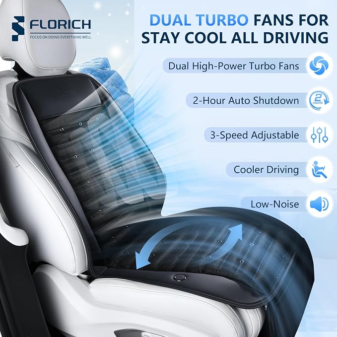 Cooling Car Seat Cover Ventilated Seat Cushion with 2 Powerful Turbo Fans 3-Speed Adjustable 12V-24V Cooling Car Seat Pad for Summer Driving Universal Fit for Car SUV Truck Van