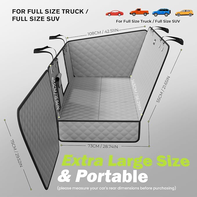 Back Seat Extender for Dogs 56.29 * 28.74 in, Car Window Fixing for Maximum Car Protection, Leather Fabric Dog Car Seat Cover for Back Seat, Waterproof, Scratch-Resistant, Support to 330 lbs