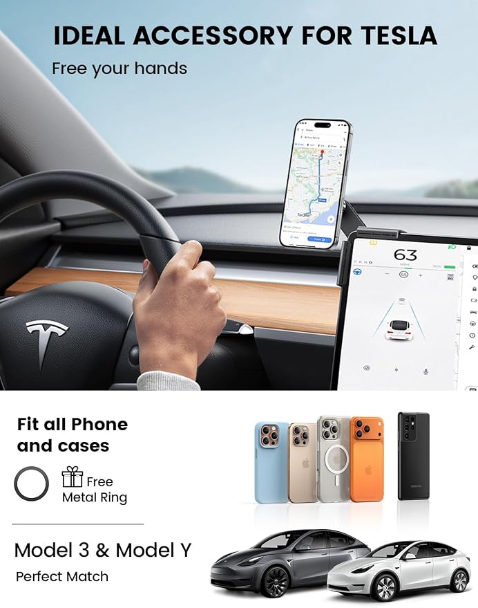 Phone Holder for Tesla Model 3 and Y Accessories 2026 - [Strongest N55 Magnet] Tesla Phone Mount, No Adhesive for Magsafe Car Mount, Magnetic Phone Holder fit iPhone 17 16 15 14 13 12 Pro Max