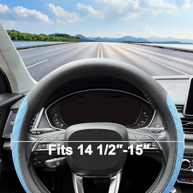 Nappa Leather Steering Wheel Cover,Elegant Diamond Checkered Design, Non-Slip wear-Resistant, Enhance Driving Comfort, Suitable for Steering Wheel Diameter 14 1/2‘-15’ Models.Black Blue