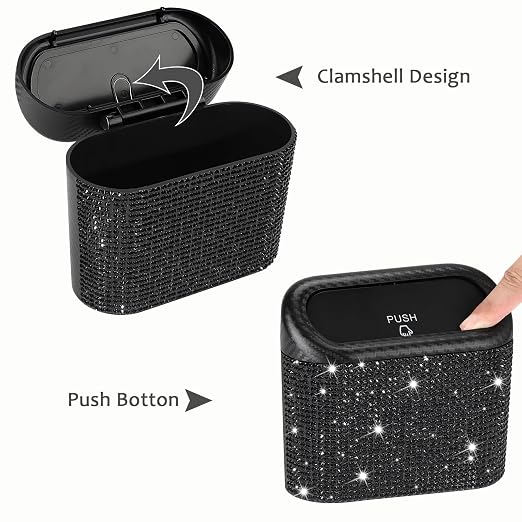 Bling Car Trash Can with Lid, Mini Vehicle Trash Bin, Car Dustbin Garbage Organizer with 60 Trash Bag, Leakproof Auto Storage Bag Container for Car, Home, Office (Carbon Fiber&Black Rhinestone)