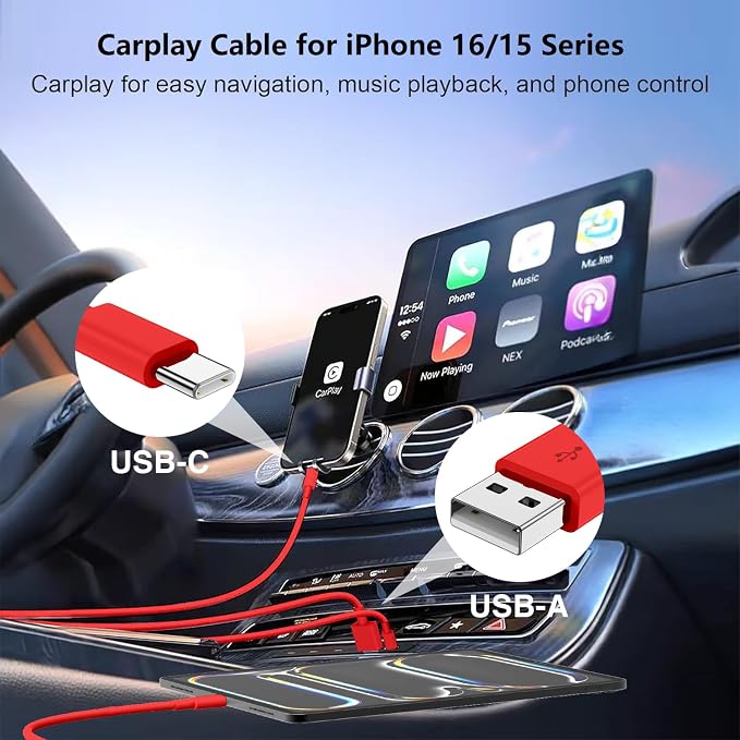 USB C Car Charger for iPhone 17 16 15 Pro Max, 40W Dual Port USB-C & USB-A Car Fast Charging Adapter, 2X6.6FT C to C Cable & A to C Carplay Cable for iPhone 17 16 15 Series/iPhone Air,iPad,Samsung-Red