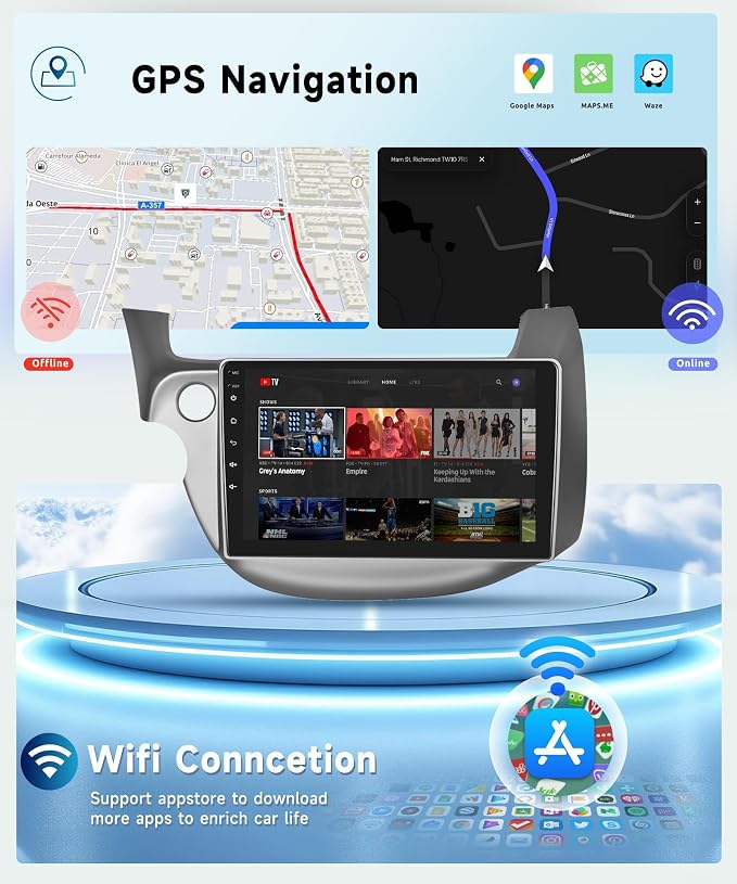 8 CORE 6G+128G Car Radio for Honda Fit 2008-2013 with Wireless CarPlay/Android Auto, 10.1” 1280 * 720P IPS Touch Screen Stereo Android 13 GPS WiFi Bluetooth DSP SWC + HD Backup Camera