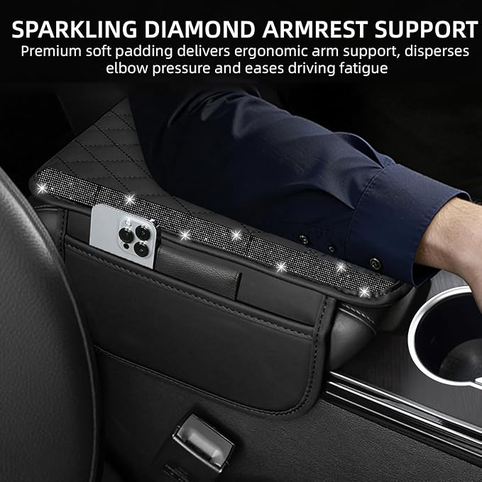 Bling Car Center Console Cover, Leather Car Arm Rest Cover Cushion with 2 Storage Bags, Universal Automotive Armrest Protector Storage Box, Bling Accessories Interior for Most Vehicles (Black)