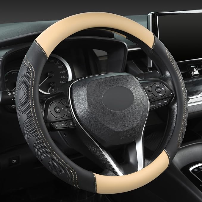 Car Steering Wheel Cover for Toyota RAV4,Camry,Highlander,Corolla,Prius,Tacoma,Standard Size - Black+Beige