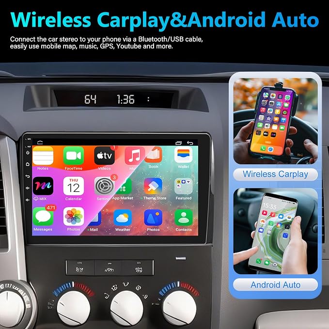 8-core 4+64G Car Stereo Radio for Toyota Tundra 2007-2013, for Toyota Sequoia 2008-2018, 10" IPS HD Touch Screen Radio with Wireless CarPlay/Android Auto/WiFi/GPS/Bluetooth/FM/SWC/Backup Camera/Mic
