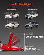 Low Profile Floor Jack 3 Ton Aluminum and Steel Racing Floor Jack with Dual Pistons Quick Lift Pump, Hydraulic Trolley Car Lift for Sports Car, SUV, Pickup, Lifting Range 3.3"-20.3"