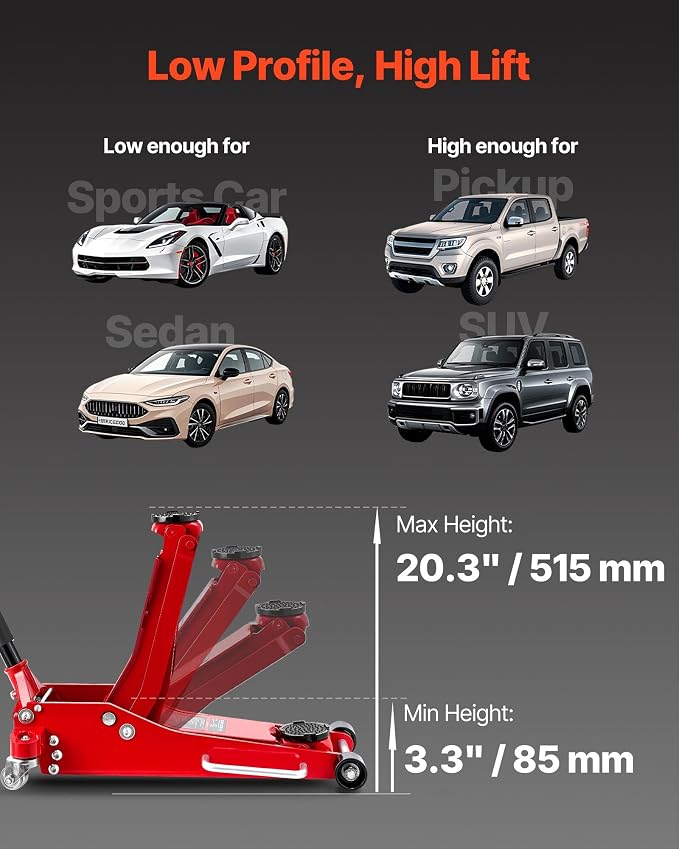 Low Profile Floor Jack 3 Ton Aluminum and Steel Racing Floor Jack with Dual Pistons Quick Lift Pump, Hydraulic Trolley Car Lift for Sports Car, SUV, Pickup, Lifting Range 3.3"-20.3"