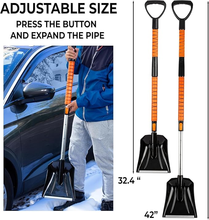 Extendable Snow Squeegee,Ice Scraper and Shovel 42" 5- Rotating Snow Squeegeee Head, 3-1 Extndable Ice Scraper,Shovel with Egonormic Handle Heavy Duty (2-Pack)