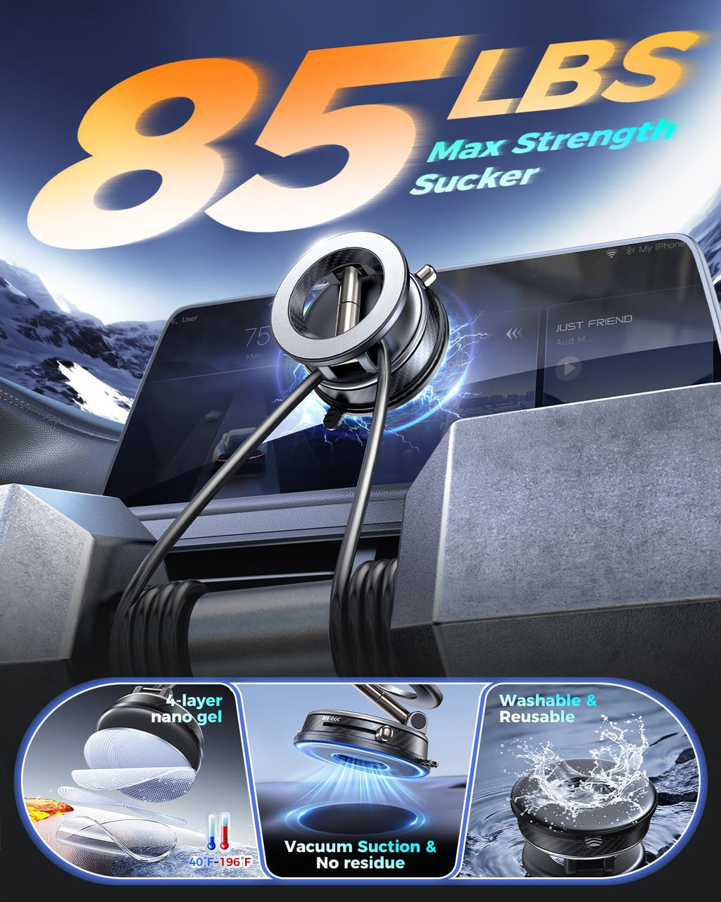 Vacuum Magnetic Car Phone Holder — 85 lb Suction & MagSafe