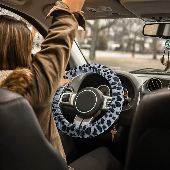 Fuzzy Steering Wheel Cover for Women Girls, Universal Fit Fur Car Wheel Cover & Handbrake Cover & Gear Shift Cover Set, Leopard Winter Warm Fluffy Vehicle Wheel Protector for Auto, SUV