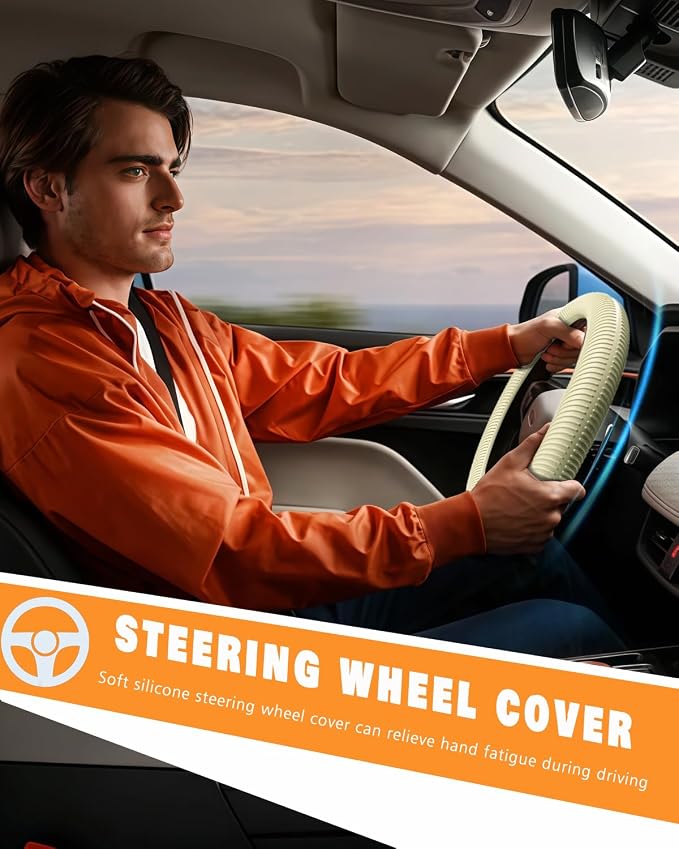 Car Steering Wheel Cover, Thin Anti-Skid Silicone Steering Wheel Cover for Men & Women, Universal Automotive Interior Accessories for Most Cars (Light Yellow)