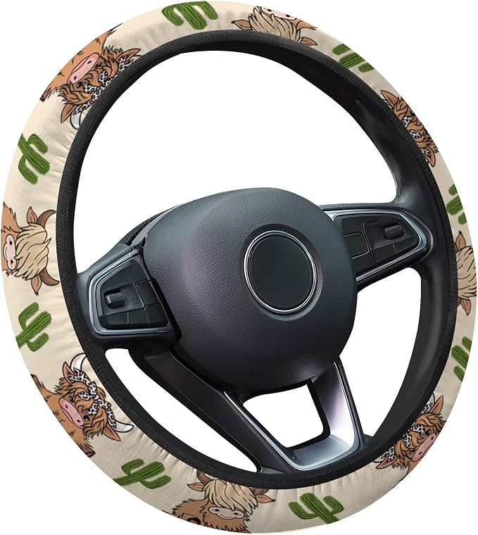 Cute Highland Cow Steering Wheel Cover, Non Slip Polyester Car Wheel Protector for Car SUV Truck, Universal 15 Inch