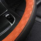 Car Leather Steering Wheel Cover - Panapi Material, Universal 14.5-15 Inch Leather Anti-Slip Breathable Auto Steering Wheel Covers for Men Women (Chessboard-Orange)