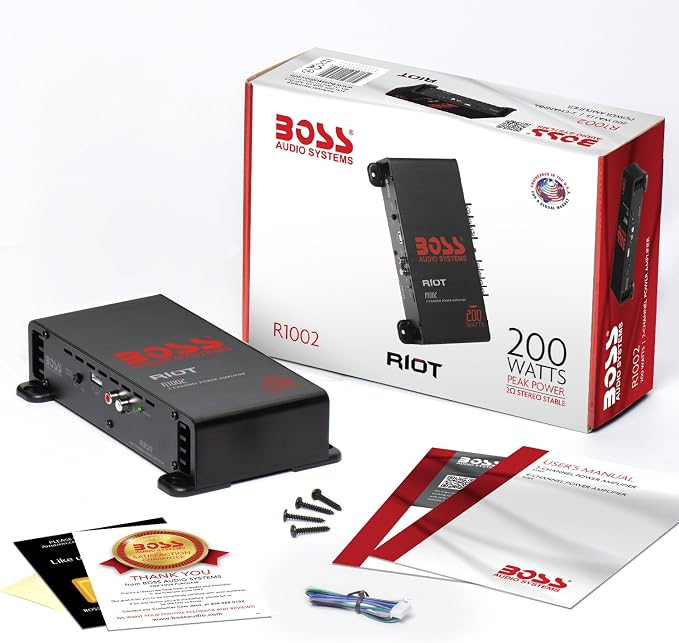 R1002 2 Channel Car Amplifier - 200 High Output, 2-8 Ohm Stable, Low/High Level Inputs, Full Range, Bridgeable, Bass for Subwoofer