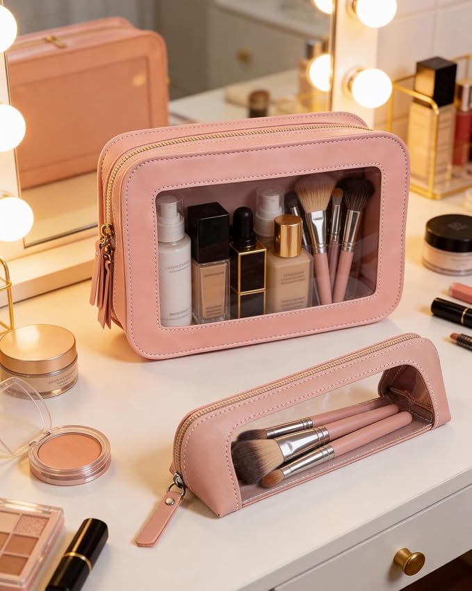 2Pack Clear Makeup Bags Set, Clear Travel Makeup Brush Holder, Portable Leather Travel Toiletry Bag Pink Car Accessories for Women