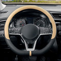Flat Bottom Steering Wheel Cover Breathable, D Shaped Car Wheel Cover 14 1/2-15 in. (37-39 cm), Black Beige Microfiber Leather