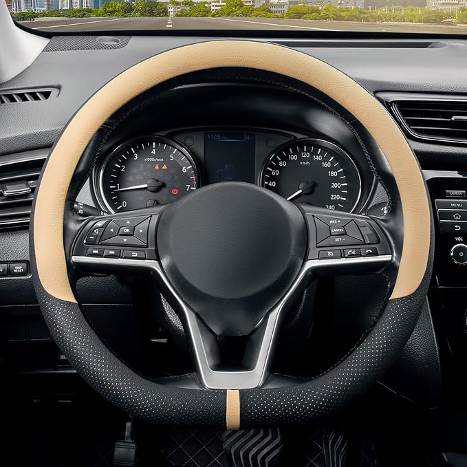 Flat Bottom Steering Wheel Cover Breathable, D Shaped Car Wheel Cover 14 1/2-15 in. (37-39 cm), Black Beige Microfiber Leather
