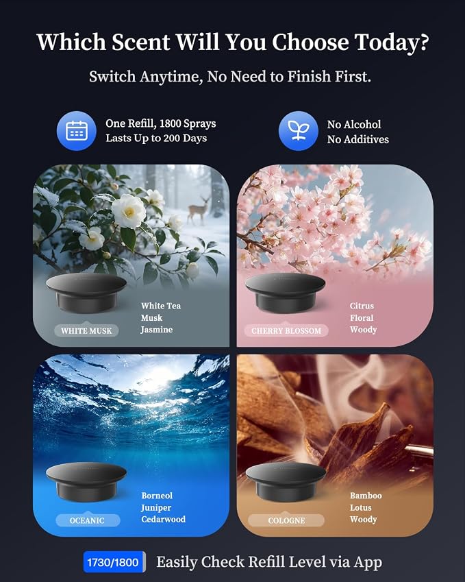 Smart Car Air Fresheners Diffuser, The First App Control Car Freshener, Solar & USB-C Charging, Auto ON/Off, Cherry Blossom & White Musk, Lasts Up to 200 Days, CF20 Pro Fragrance Diffuser