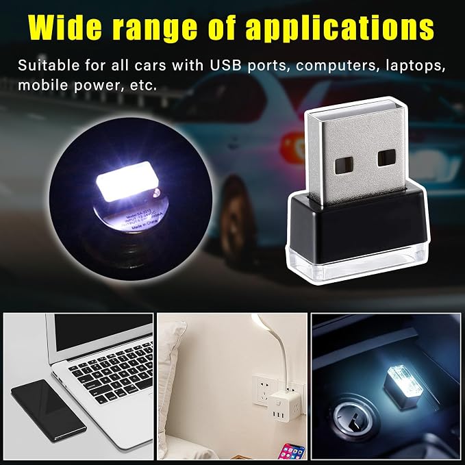 4 PCS USB LED Car Interior Atmosphere Lamp, Plug-in USB Decor Night Light, Portable Auto Ambient Lighting Kit, Universal Vehicle Interior Accessories for Most Cars (White)