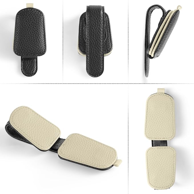 Sunglasses Holder for Car, Leather Magnetic Buckle Sun Visor Sunglass Clip, Ticket Card Storage Glasses Clip, Car Interior Accessories for Men and Women（2PCS Black-Beige）