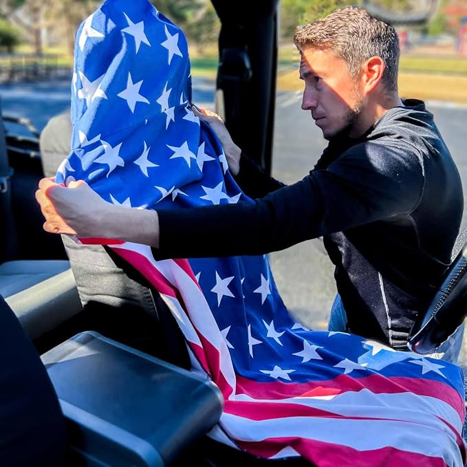 Car Seat Towel Cover – Hooded Moisture-Wicking Microfiber Seat Protector – 30" x 60" – for Runners and Outdoor Enthusiasts – Patriotic