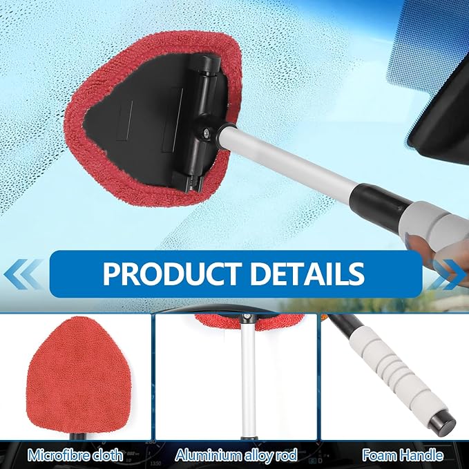 Car Windshield Cleaning Tool, Car Windshield Window Cleaner, Auto Window Glass Cleaning Kit with Extendable Handle & Reusable Microfiber Pad & Spray Bottle, Universal Car Accessories (Red)