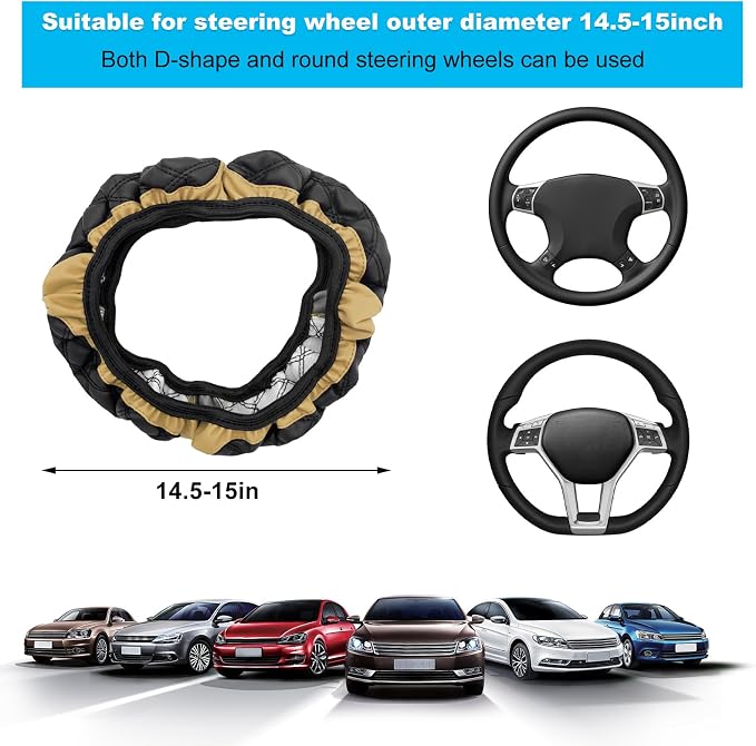 Car Steering Wheel Cover, 15 Inches Non-Slip Leather Car Steering Wheel Protector, Universal Steering Wheel Soft Cover Mats for Car Truck SUV, Interior Car Accessories (Beige)