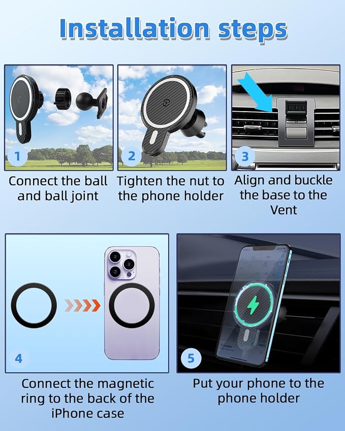 PZK Car Phone Mount for Toyota Camry 2007-2011 Accessories Custom Air Vent | Magnetic 15W Fast Wireless Charger Car Phone Holder with Magsafe 360° Rotation Hands-Free Cell Phone Cradles for iPhone