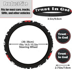 Christian Trust in God Steering Wheel Cover with 2 Coasters, Red & Black PU Leather Anti-Slip Car Wheel Protector, Christian Gifts for Men Women, Universal 15" Fit Cars SUVs Trucks