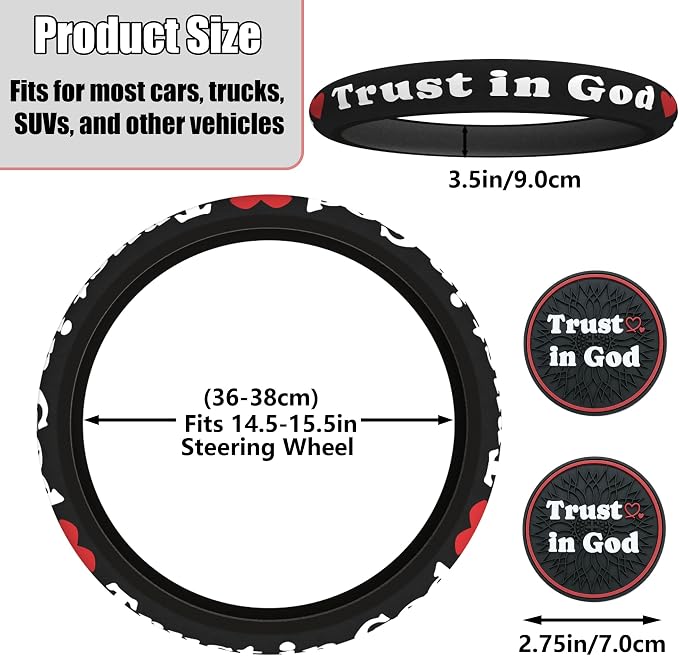 Christian Trust in God Steering Wheel Cover with 2 Coasters, Red & Black PU Leather Anti-Slip Car Wheel Protector, Christian Gifts for Men Women, Universal 15" Fit Cars SUVs Trucks